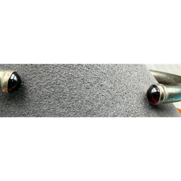 Vintage Sterling Silver Cabochon Garnet Cuff Open Ended Cuff Bracelet - Picture 5 of 7